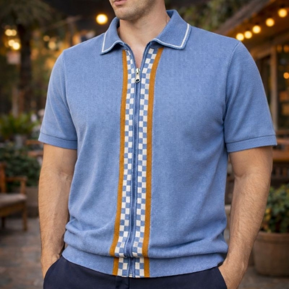 Stussy Full Zip Sweater‎ Polo Shirt Men's Small Blue Cuban Bowling 70s VTG Style
